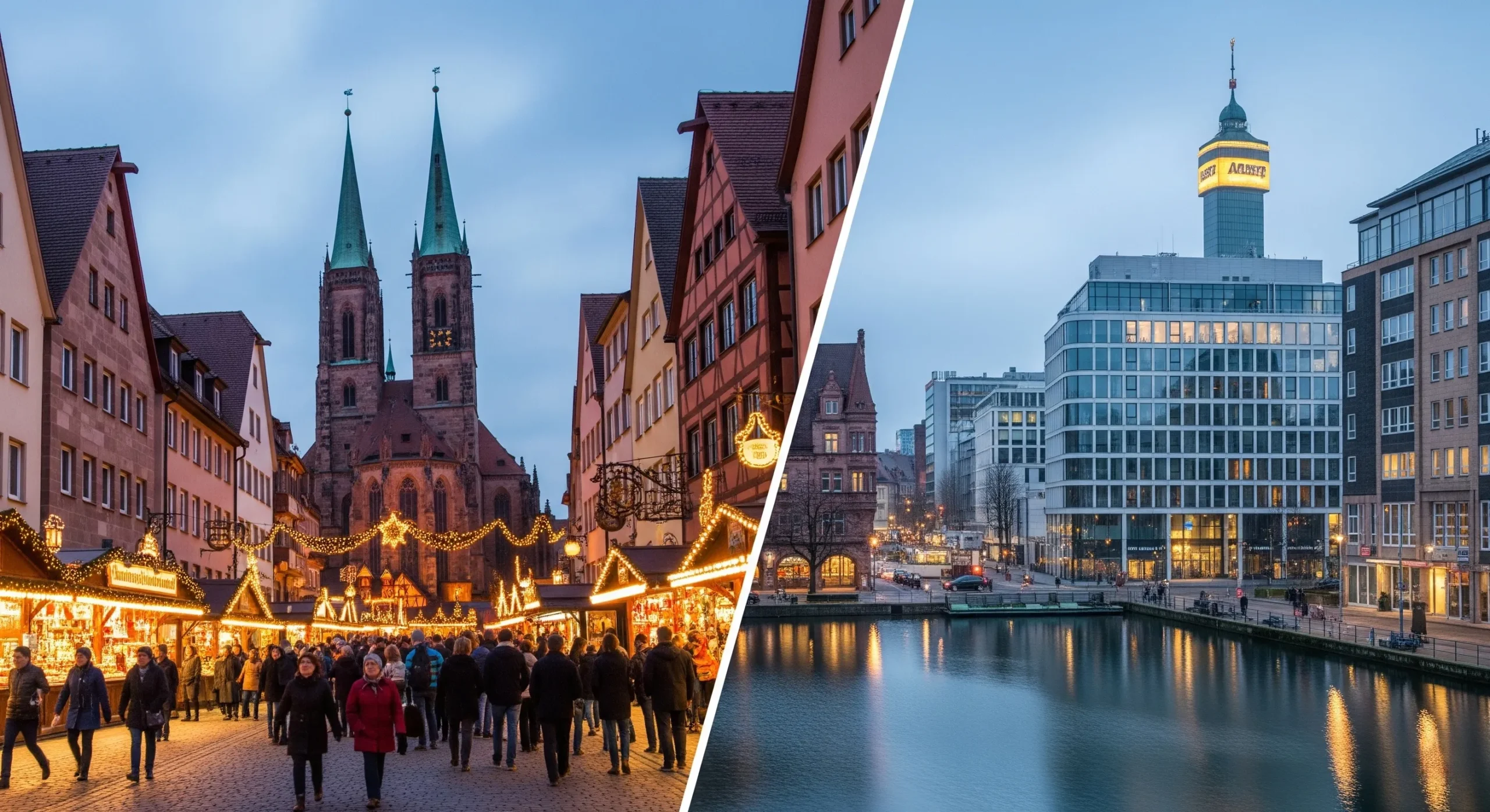 Split view of Nuremberg showing festive Christmas market hotels with medieval architecture and twinkling lights contrasted with modern business hotels near the Messe convention center