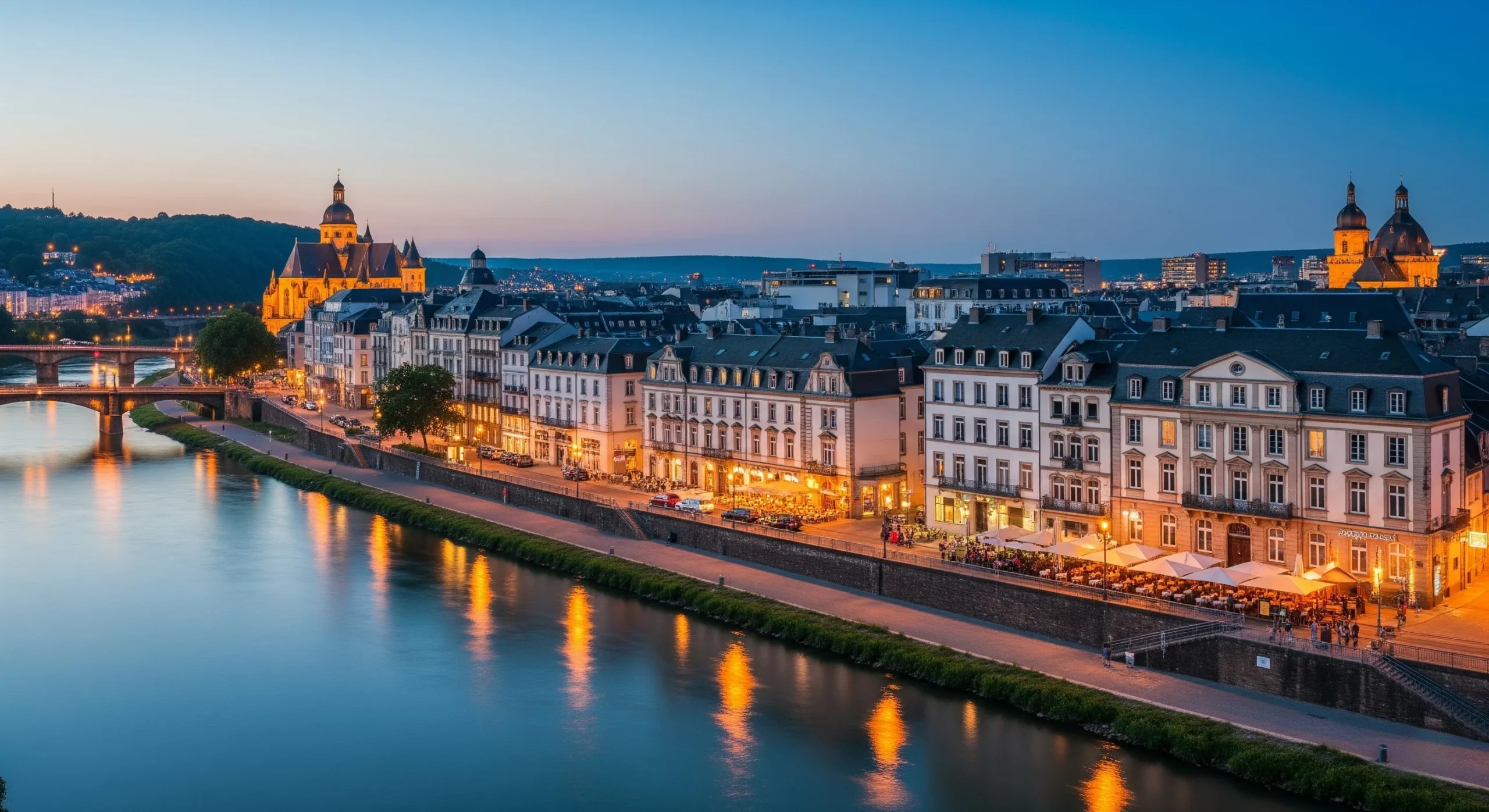 Charming view of Saarbrücken's historic city center with mix of German and French architecture, featuring hotels along the Saar River with baroque buildings and modern accommodations